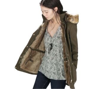 Zara Trafaluc Collection Olive Green Faux Fur Winter Coat Small